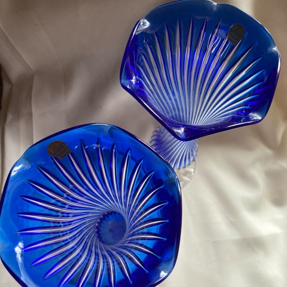 Cristal D'Arques Blue Vases Scalloped Footed Twist Stem 24% Lead Crystal France - Picture 8 of 8